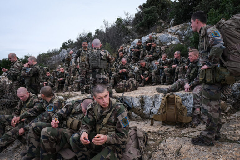 France, Aix-en-Provence, 2022-02-19. Training of foreign legion soldiers in south of France. Kepi blanc military walk of
