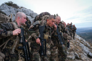 France, Aix-en-Provence, 2022-02-19. Training of foreign legion soldiers in south of France. Kepi blanc military walk of