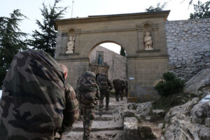 France, Aix-en-Provence, 2022-02-19. Training of foreign legion soldiers in south of France. Kepi blanc military walk of