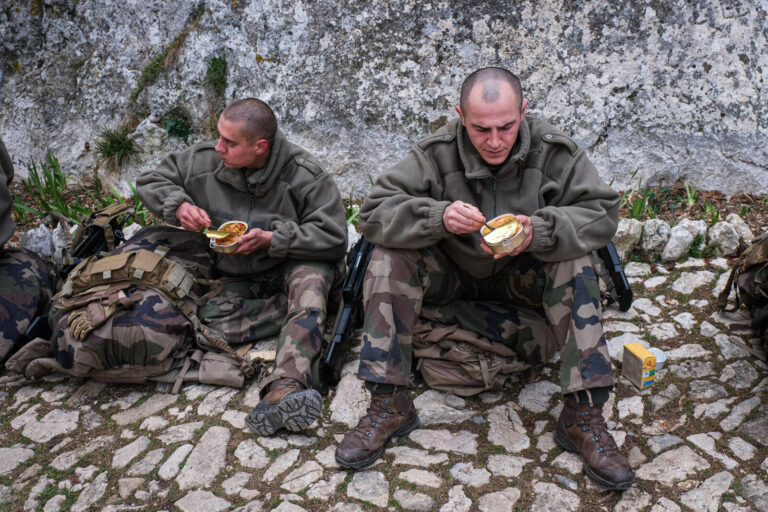 France, Aix-en-Provence, 2022-02-19. Training of foreign legion soldiers in south of France. Kepi blanc military walk of