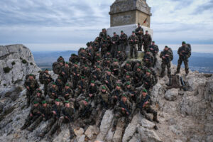 France, Aix-en-Provence, 2022-02-19. Training of foreign legion soldiers in south of France. Kepi blanc military walk of