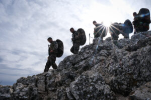 France, Aix-en-Provence, 2022-02-19. Training of foreign legion soldiers in south of France. Kepi blanc military walk of