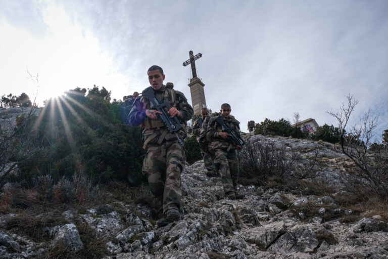 France, Aix-en-Provence, 2022-02-19. Training of foreign legion soldiers in south of France. Kepi blanc military walk of