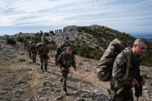 France, Aix-en-Provence, 2022-02-19. Training of foreign legion soldiers in south of France. Kepi blanc military walk of