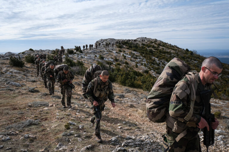 France, Aix-en-Provence, 2022-02-19. Training of foreign legion soldiers in south of France. Kepi blanc military walk of