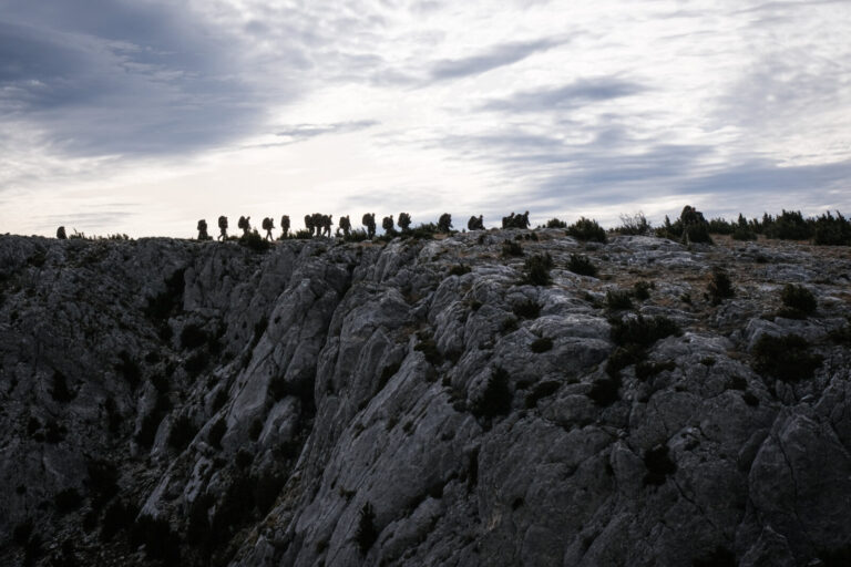 France, Aix-en-Provence, 2022-02-19. Training of foreign legion soldiers in south of France. Kepi blanc military walk of