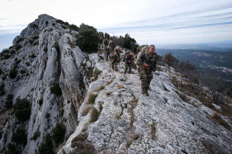 France, Aix-en-Provence, 2022-02-19. Training of foreign legion soldiers in south of France. Kepi blanc military walk of