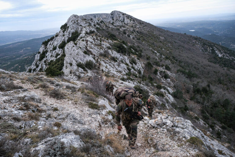 France, Aix-en-Provence, 2022-02-19. Training of foreign legion soldiers in south of France. Kepi blanc military walk of