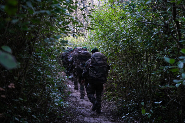 France, Aix-en-Provence, 2022-02-20. Training of foreign legion soldiers in south of France. Kepi blanc military walk of