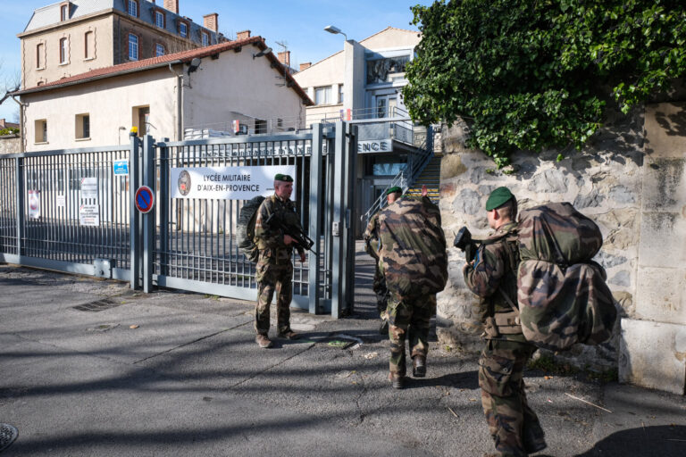 France, Aix-en-Provence, 2022-02-20. Training of foreign legion soldiers in south of France. Kepi blanc military walk of