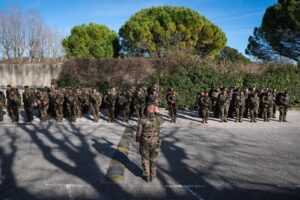 France, Aix-en-Provence, 2022-02-20. Training of foreign legion soldiers in south of France. Kepi blanc military walk of