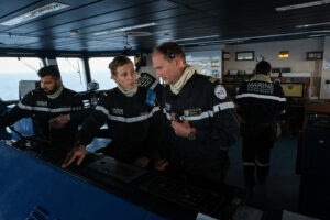 Mediterranean Sea, 2022-07-08. Captain Alexis Muller Commanding Officer of French Navy Helicopter carrier Mistral during