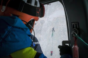 France, Chamonix, 2021-02-16. Immersion inside helicoptere with mountain rescue gendarmerie (PGHM). Photograph by Fred M