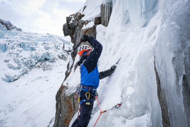France, Chamonix, 2021-02-18. Immersion with mountain rescue gendarmerie (PGHM) during ice climbing training. Photograph