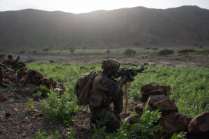 Djibouti, Djibouti, 2020-02-06. French military training into desert. Young officers learn how to survive and combat in 