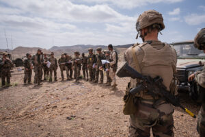 Djibouti, Djibouti, 2020-02-06. French military training into desert. Young officers learn how to survive and combat in 