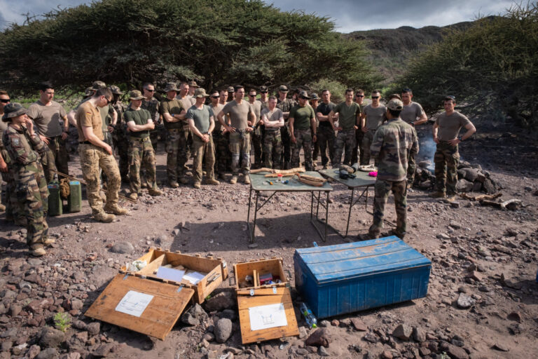 Djibouti, Djibouti, 2020-02-06. French military training into desert. Young officers learn how to survive and combat in 