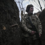 Ukraine, Tchassiv Yar, 2023-03-23. Ukrainian soldiers from tank brigade inside trench at 500 meters from russian forces.