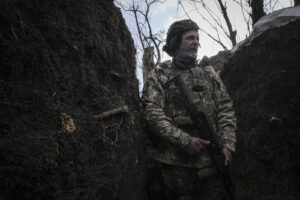 Ukraine, Tchassiv Yar, 2023-03-23. Ukrainian soldiers from tank brigade inside trench at 500 meters from russian forces.