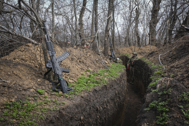 Ukraine, Tchassiv Yar, 2023-03-23. Ukrainian soldiers from tank brigade inside trench at 500 meters from russian forces.