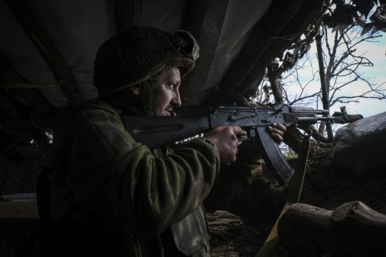 Ukraine, Tchassiv Yar, 2023-03-23. Ukrainian soldiers from tank brigade inside trench at 500 meters from russian forces.