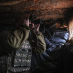 Ukraine, Tchassiv Yar, 2023-03-23. Ukrainian soldiers from tank brigade inside trench at 500 meters from russian forces.