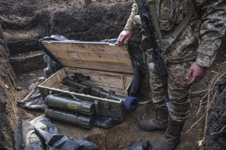 Ukraine, Tchassiv Yar, 2023-03-23. Ukrainian soldiers from tank brigade inside trench at 500 meters from russian forces.