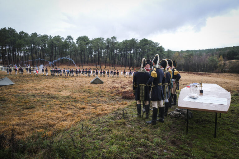 France, Guer, 2025-11-29. Officer cadets of the Saint-Cyr Coetquidan military academy re-enact the battle of Austerlitz 