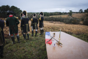 France, Guer, 2025-11-29. Officer cadets of the Saint-Cyr Coetquidan military academy re-enact the battle of Austerlitz 