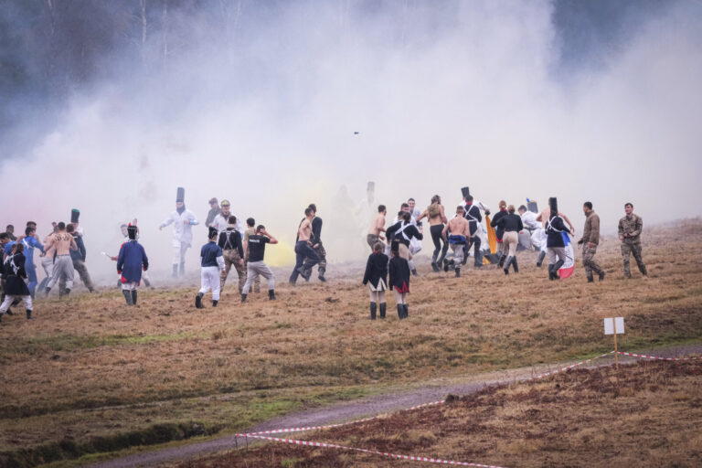 France, Guer, 2025-11-29. Officer cadets of the Saint-Cyr Coetquidan military academy re-enact the battle of Austerlitz 