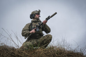 France, Bayonne, 2024-03-29. A former French special forces soldier turned instructor works through shooting positions a