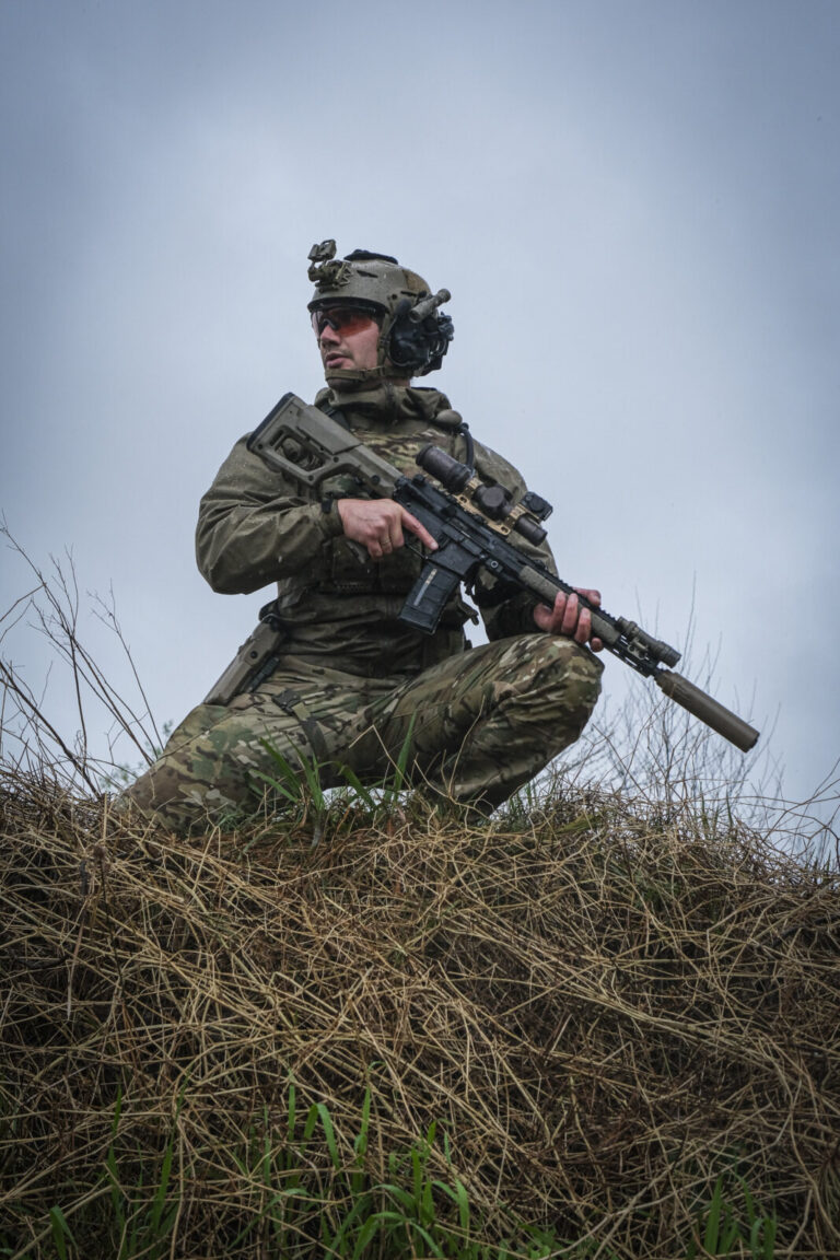 France, Bayonne, 2024-03-29. A former French special forces soldier turned instructor works through shooting positions a