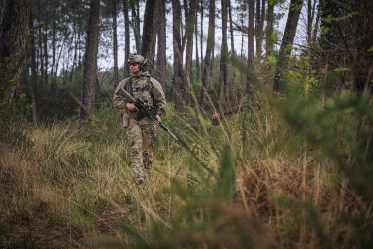France, Bayonne, 2024-03-29. A former French special forces soldier turned instructor works through shooting positions a