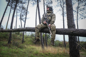 France, Bayonne, 2024-03-29. A former French special forces soldier turned instructor works through shooting positions a