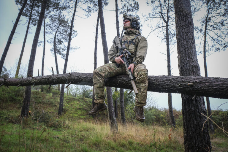 France, Bayonne, 2024-03-29. A former French special forces soldier turned instructor works through shooting positions a