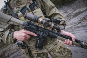 France, Bayonne, 2024-03-29. A former French special forces soldier turned instructor works through shooting positions a