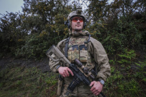 France, Bayonne, 2024-03-29. A former French special forces soldier turned instructor works through shooting positions a