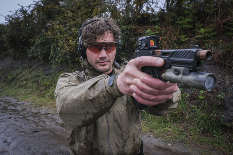 France, Bayonne, 2024-03-29. A former French special forces soldier turned instructor works through shooting positions a