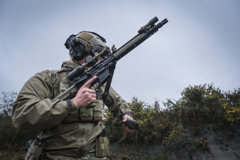 France, Bayonne, 2024-03-29. A former French special forces soldier turned instructor works through shooting positions a