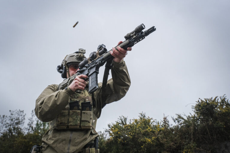 France, Bayonne, 2024-03-29. A former French special forces soldier turned instructor works through shooting positions a