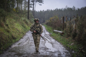 France, Bayonne, 2024-03-29. A former French special forces soldier turned instructor works through shooting positions a