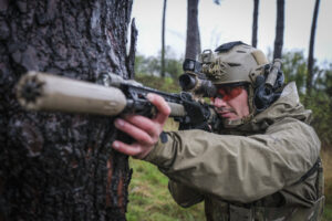 France, Bayonne, 2024-03-29. A former French special forces soldier turned instructor works through shooting positions a