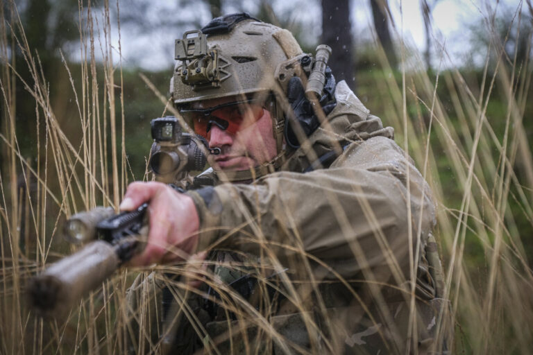 France, Bayonne, 2024-03-29. A former French special forces soldier turned instructor works through shooting positions a