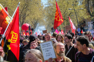 France, Toulouse, 2023-04-06. The demonstration against the pension reform of 6 April 2023 in Toulouse, from the union p