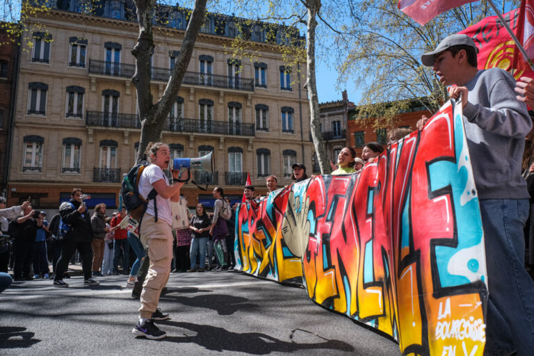 France, Toulouse, 2023-04-06. The demonstration against the pension reform of 6 April 2023 in Toulouse, from the union p