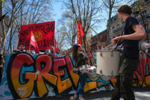 France, Toulouse, 2023-04-06. The demonstration against the pension reform of 6 April 2023 in Toulouse, from the union p