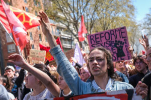 France, Toulouse, 2023-04-06. The demonstration against the pension reform of 6 April 2023 in Toulouse, from the union p