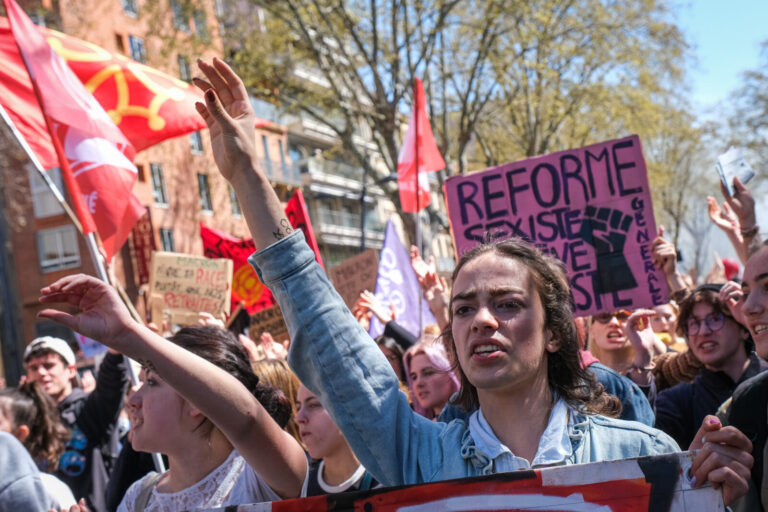 France, Toulouse, 2023-04-06. The demonstration against the pension reform of 6 April 2023 in Toulouse, from the union p