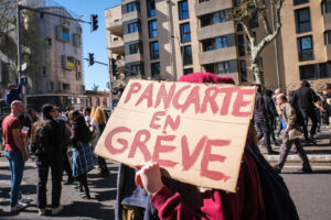 France, Toulouse, 2023-04-06. The demonstration against the pension reform of 6 April 2023 in Toulouse, from the union p