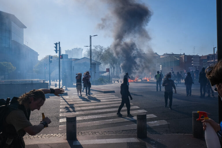 France, Toulouse, 2023-04-06. The demonstration against the pension reform of 6 April 2023 in Toulouse, from the union p